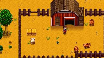 Stardew Valley. The player is standing outside their red barn and there are 4 cows roaming around. 3 cows are Brown and one is White.