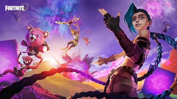 This image features the loading screen from the Jinx LOL Arcane bundle in Fortnite Season 8.