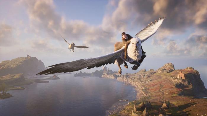 A Hogwarts student riding a flying animal in Hogwarts Legacy.