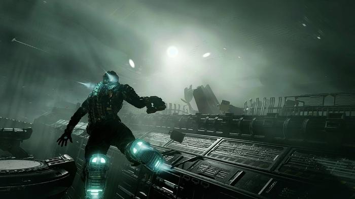 Isaac floating across a ruined starship in the Dead Space remake.