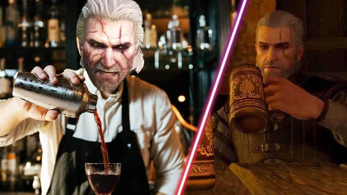 The Witcher 3's Geralt brewing some alcohol.