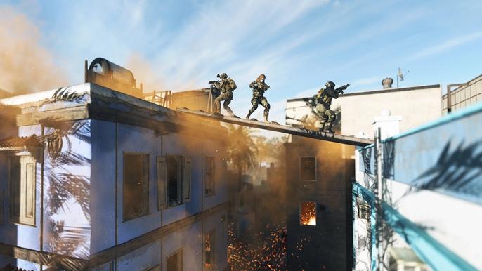 Image showing Warzone 2 players standing on bridge between 2 buildings