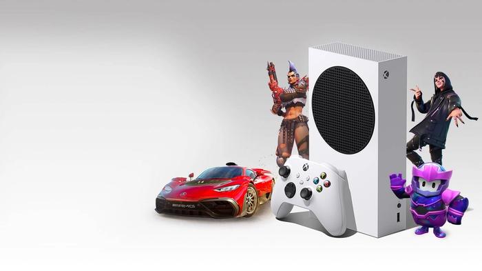 An Xbox Series S console surrounded by gaming characters and a car.