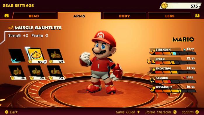 Image of the Gear Settings menu in Mario Strikers: Battle League.
