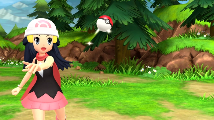 A Pokémon Trainer throwing a Pokéball out in Pokémon Brilliant Diamond and Shining Pearl.