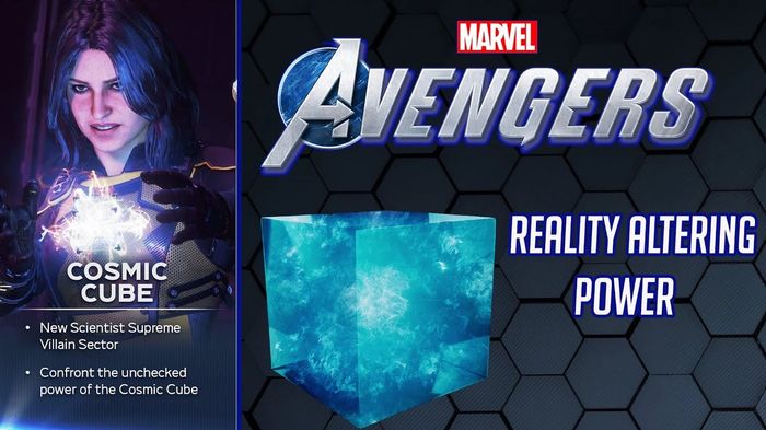 Marvel's Avengers promo for Cosmic Cube. Woman on left and cube on right/