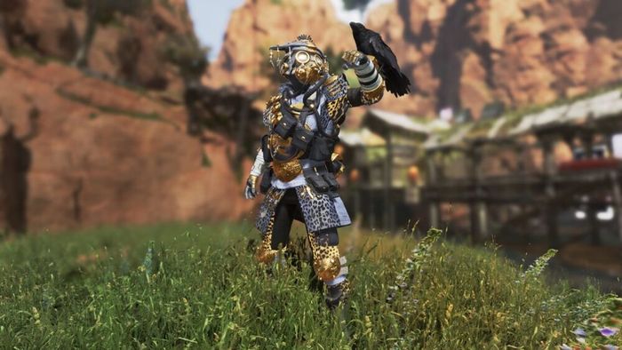 Apex Legends Mobile character, Bloodhound, looks at their raven, which is perched on their arm.