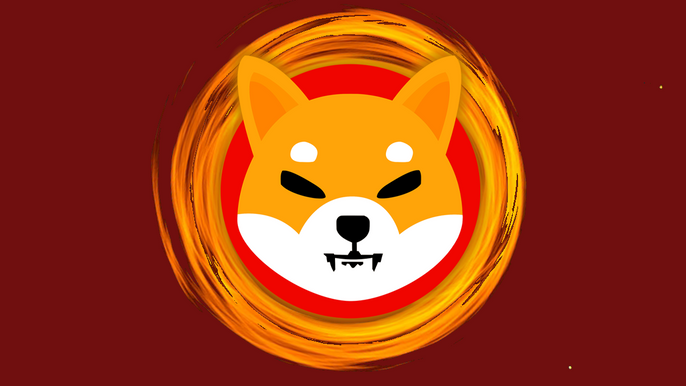 Shiba Inu logo in a burning circle against red background