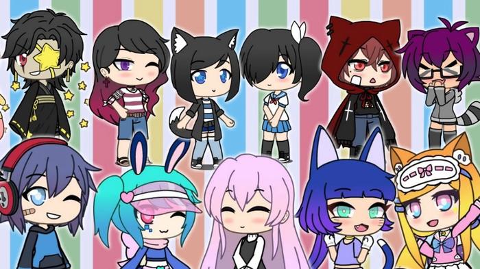 A group of Gacha Life characters in various outfits.
