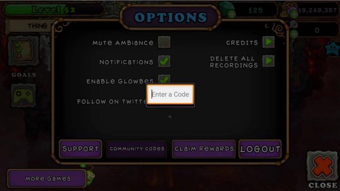 Options (Enter a Code) in My Singing Monsters.