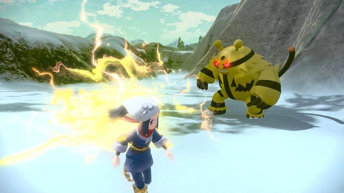 A Pokémon Trainer fleeing Alpha Pokémon, Electivire, in Pokémon Legends: Arceus.