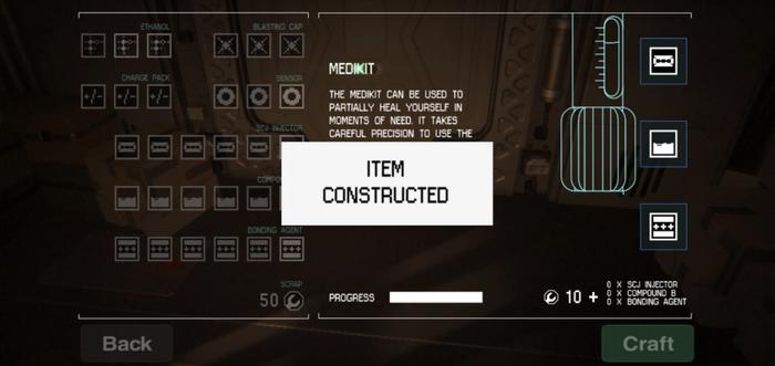 The crafting screen in Alien: Isolation Mobile.