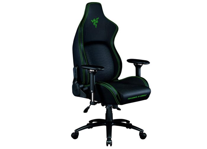 best office chair, product image of a black leather and green stitched gaming chair
