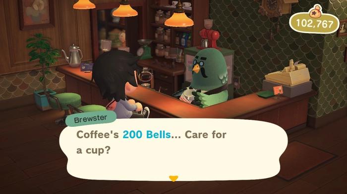 A player buying coffee from Brewster at the Roost for 200 Bells in Animal Crossing: New Horizons.