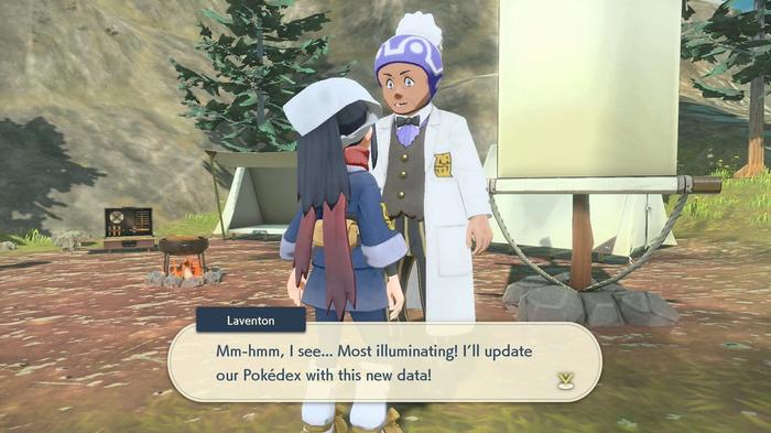 A Pokémon Trainer speaking to Professor Laventon at a Base Camp in Pokémon Legends: Arceus.