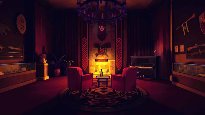 An Escape Academy screenshot featuring two chairs facing an ornate fire, surrounded by objects in glass cases and a piano.