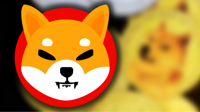 Image of Shiba Inu Coin Logo on a blurred background of Dogecoin gold coins.