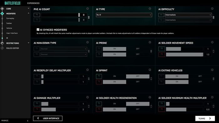 The Battlefield Portal AI settings screen.