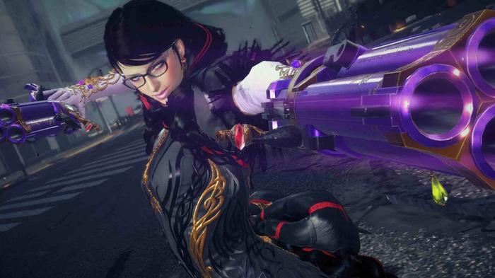 Bayonetta pointing her purple twin guns.