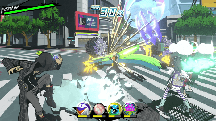 Screenshot from Neo: The World Ends With You showing a battle scene on a crosswalk.