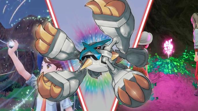 A shiny Metagross alongside images of a player catching a Pokemon and finding a rare Herba Mystica in Pokemon Scarlet and Violet.