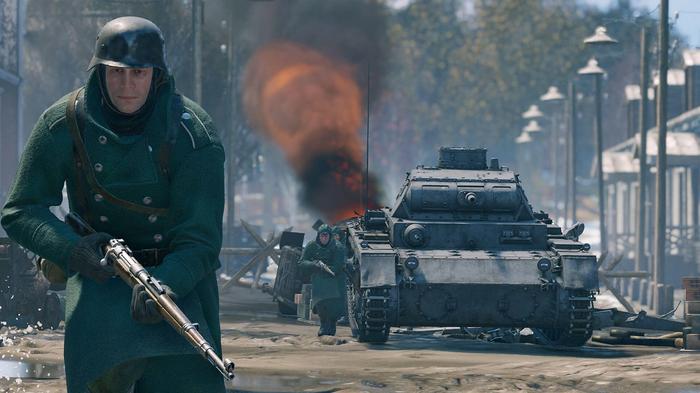 Image of a soldier running from a burning tank in Enlisted.