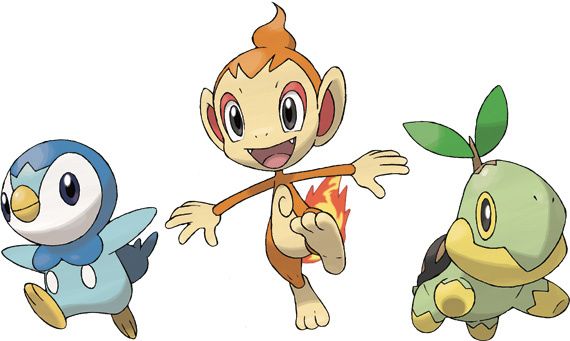Piplup, Chimchar, and Turtwig jump in the air 