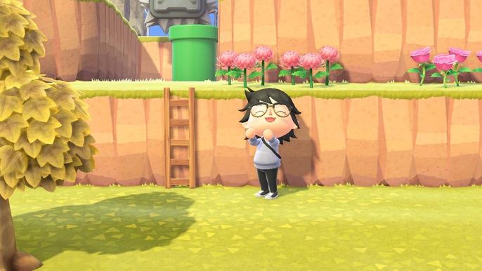 A player stood next to a permanent wooden ladder in Animal Crossing: New Horizons.