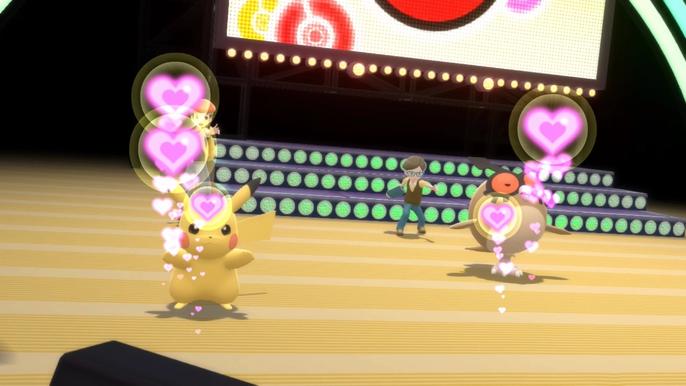 A Pikachu and Hoothoot participating in a Super Contest Show in Pokémon Brilliant Diamond and Shining Pearl.