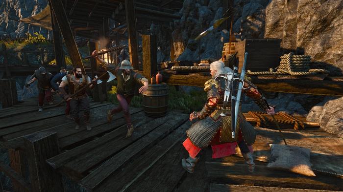 Geralt from The Witcher 3 fighting some bandits.