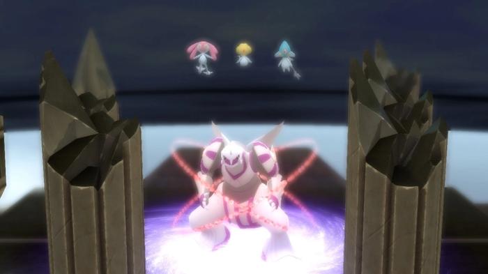 Palkia with Uxie, Azelf, and Mesprit above them in Pokémon Brilliant Diamond and Shining Pearl.