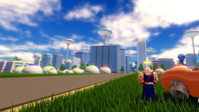 Image of a Roblox character looking over a city in Dragon Ball Xeno Multiverse