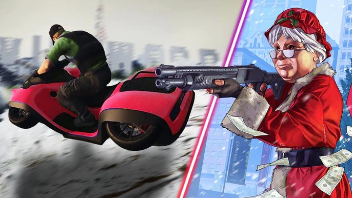 An old woman dressed as Santa holds a shotgun whilst a man sleds down a hill in GTA Online.