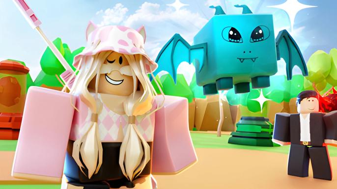 A Roblox woman wearing all pink and a bucket hat with cat ears standing next to a flying bat creature