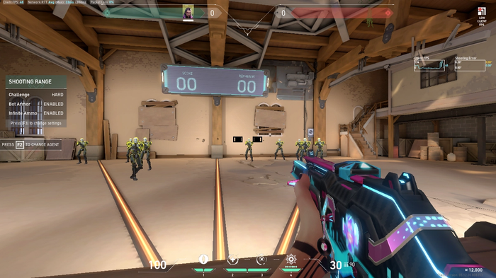 Valorant player aiming at practice bots with eyes crosshair.