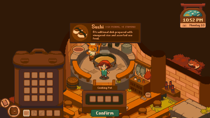 An in-game screenshot of Yokai Inn showing the player character cooking Sushi alongside a friendly fox.