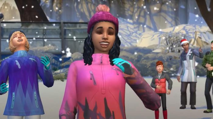 Sims 4 Seasons. A group of Sims laughing in the middle of snow in winter.