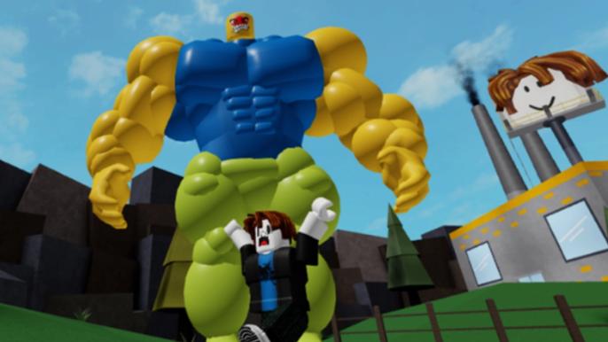 Screenshot from Mega Noob Simulator, showing a muscular Roblox character towering over the player