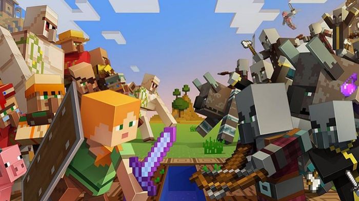 A Minecraft player and villagers are facing a mob.