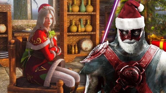 Two characters from Skyrim's christmas mod, Spirit of Saturalia - A Christmas Quest