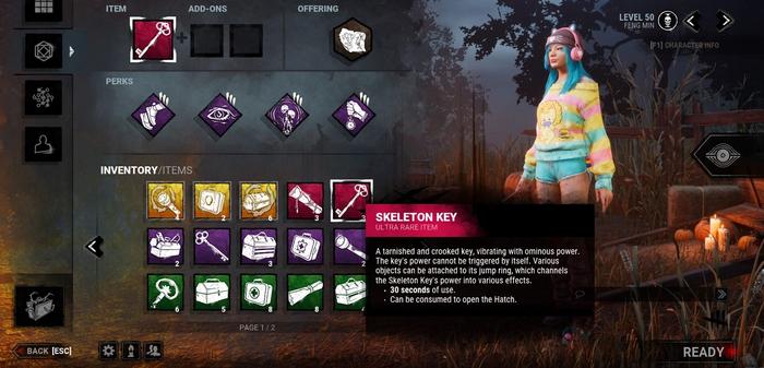 Dead by Daylight loadout featuring the Iridescent Skeleton Key that can be used to open the Hatch.