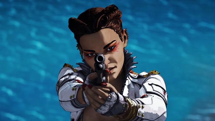 Image from an Apex Legends cinematic showing the Loba character pointing a gun at the camera.