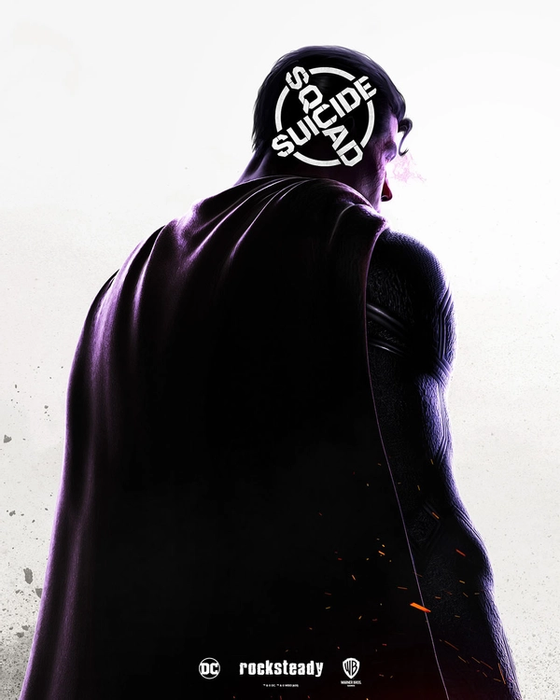 Superman on a poster for Suicide Squad: Kill The Justice League. Superman has his back to the screen and is looking back. Purple hue takes over his body and his laser eye's are also purple.