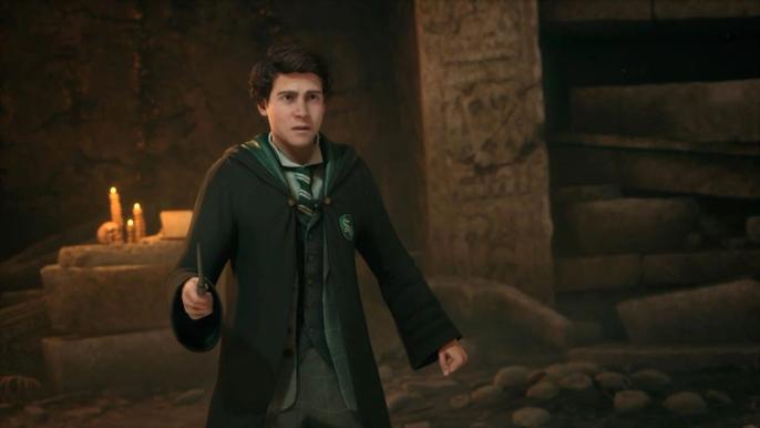 A Slytherin wizard holding a wand in Hogwarts Legacy.