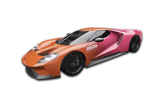 A Forza Horizon 5 car painted orange and pink from the OPI x Xbox collection.