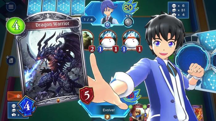 Screenshot from Shadowverse: Champion's Battle showing the Dragon Warrior card, highlighted by the protagonist.