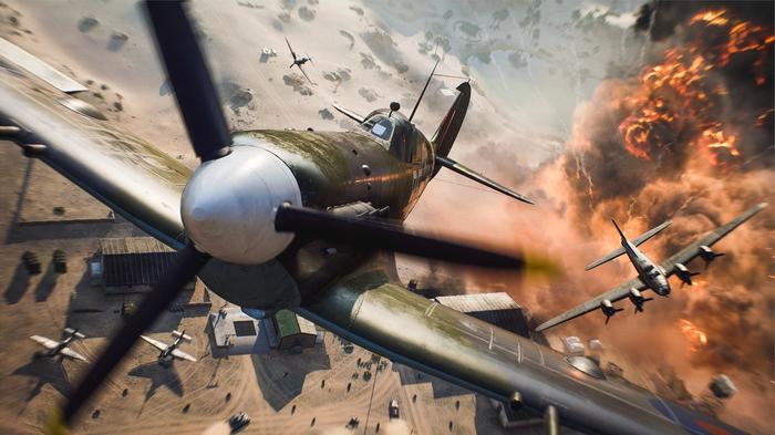 A plane flies away from an explosion in Battlefield Portal.