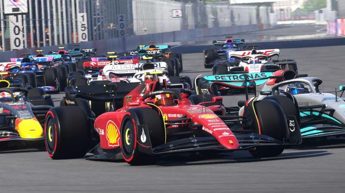 Cars fighting for position near the start of an F1 22 race
