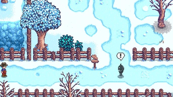 Stardew Valley. Winter Season, the player encounters a shadowy figure for the start of the winter mystery quest. The player is on the left of the screen and looking at the shadowy figure in the centre of the screen.