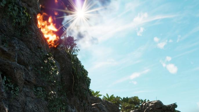 Far Cry 6's Dead Drop Operation: The burning bunker from the ocean below.